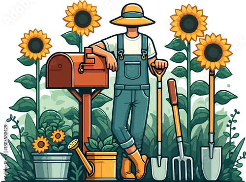 Relaxed Gardener in a Sunny Sunflower Patch