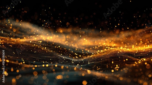 Abstract golden particle wave flowing on black background