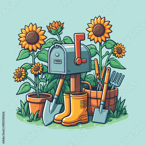 Sunny Garden Mailbox with Tools and Sunflowers