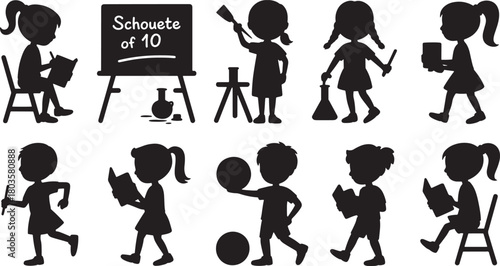 Silhouette of 10 school children doing different activities for school and education