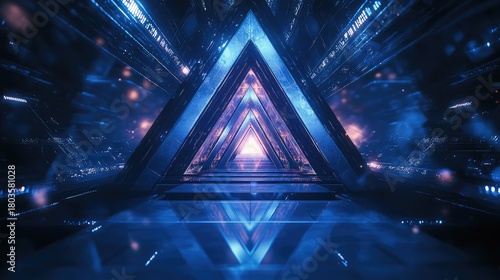 Fototapeta Naklejka Na Ścianę i Meble -  Futuristic triangular tunnel with glowing neon light