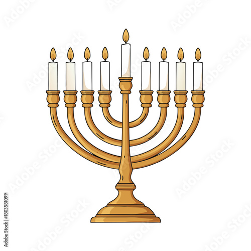 Simple flat illustration of a Hanukkah menorah in natural colors, isolated on white background [with copy space]