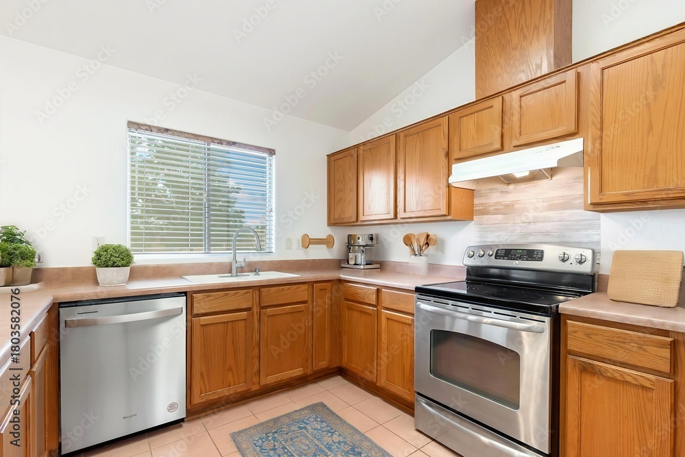 Fototapeta premium A beautiful kitchen with stainless steel appliances and wooden cabinets