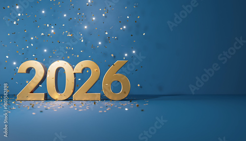 Golden 2026 numerals sparkle with confetti, celebrating future success and new beginnings