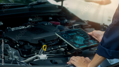 A technician uses a digital tablet to analyze engine data and monitor automotive performance with advanced diagnostic technology. Ideal for smart maintenance, modern vehicle inspection, 