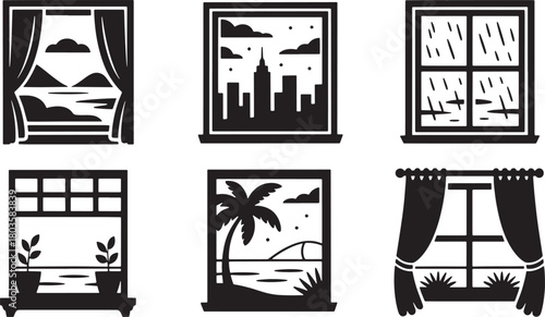 Window with nature landscape view with curtains clouds sky and mountain peaks