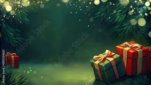 Colorful watercolor Boxing Day gift boxes, festive and joyful, with light sparkles, celebration background, with copy space