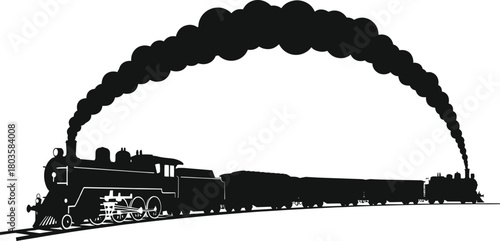 WebVintage steam locomotive pulling multiple freight cars on curved railway track, producing dramatic smoke plume, classic retro train transport vector illustration for historical industrial themes