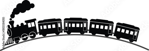 Vintage steam locomotive pulling multiple passenger cars on curved railway track in classic silhouette style, nostalgic transportation vector illustration for travel, history, and retro design themes
