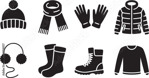 Winter clothing items set illustration like hat scarf gloves jacket earmuffs boots
