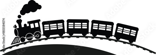 Vintage steam locomotive silhouette traveling uphill with connected passenger cars on curved railway track, classic retro train illustration for transportation design, vector graphic