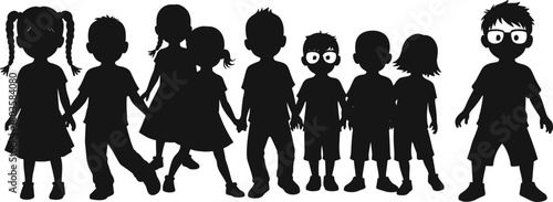 Cute cartoon children silhouettes standing together in playful poses representing childhood friendship, unity, teamwork and creative illustration concept