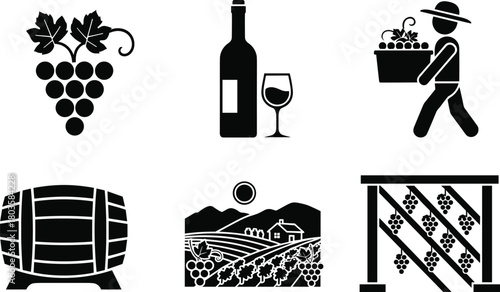 Winery and vineyard vector illustration collection, grape wine bottle barrel farmer and countryside landscape icons, black silhouette design for wine production theme