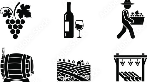Winery and vineyard vector illustration set, wine bottle glass grapes farmer barrel and landscape icons, black silhouette design for wine production theme