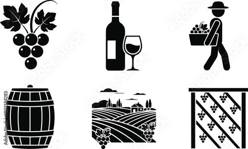 Winery and vineyard vector illustration set, grape wine bottle barrel farmer and landscape icons, black silhouette design for wine production theme