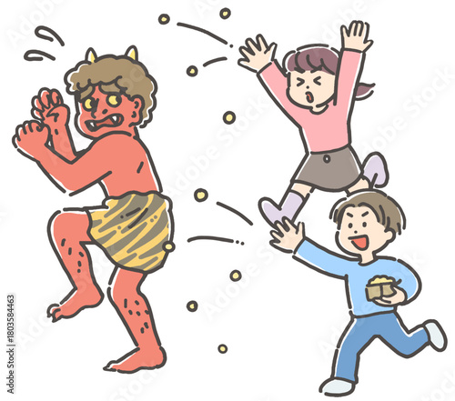 節分の豆まきをする男の子と女の子と、逃げる赤鬼
