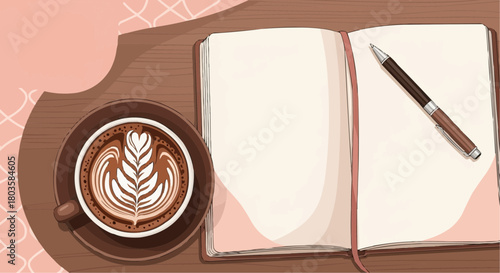 Coffee cup with latte art beside an open notebook and pen  