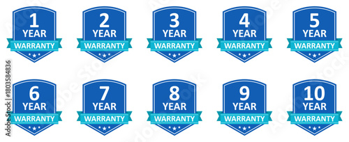Warranty badges with shield icons and stars. 1 to 10 year guarantee labels. Quality assurance symbols. trusted service promise icons. Long term protection graphics for products and branding use.