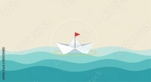 Simple paper boat sailing on calm waves in gentle colors  