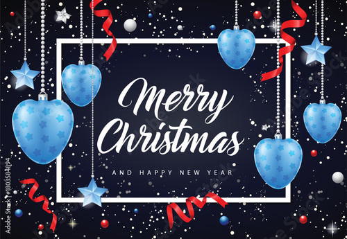 Art & Illustration of Merry Christmas greeting card with balloon, red ribbons, blue ester eggs, snowflake and blue star decors on matte black background