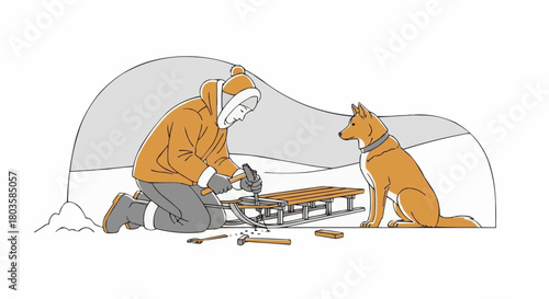 Person building sled while sitting in snow with dog nearby  