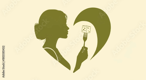 Woman holding fork with cheese silhouette in heart shape design  