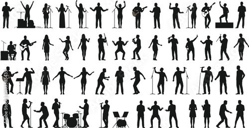 Dynamic silhouettes of singers, dancers, and musicians performing on stage, expressive movement poses, creative artistic performance illustration set