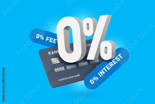 White 3D 0% number, credit card or debit card and 0% interest, fee all promotion sign or label floating in the air for financial advertising design, vector 3d isolated on blue background for design