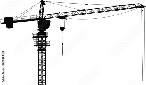 Construction tower crane silhouette, industrial lifting machine, heavy equipment for building site, engineering structure illustration
