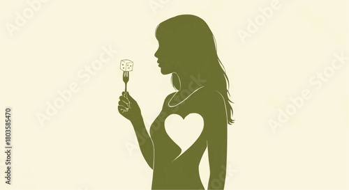 A female silhouette holds a fork with a piece of cheese in her hand