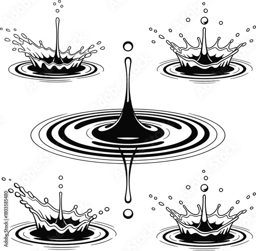 Creative black and white water splash illustration, liquid drop ripple design, abstract nature background for digital artwork