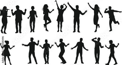 Energetic group of dancing people silhouettes, expressive party motion poses, joyful celebration figures, dynamic choreography set illustration