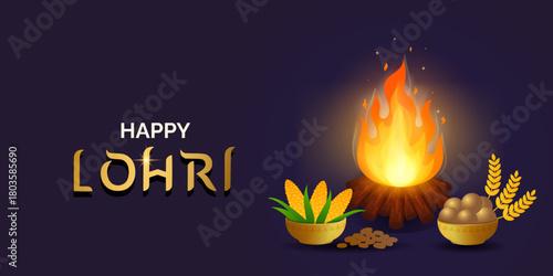 Happy Lohri festival harvest celebration banner with fire, sweets, sugarcane, corn. Punjabi festive concept with devotion, spirituality, indian folk culture. Horizontal vector illustration