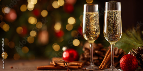 Effervescent champagne elegantly served beside festive ornaments amidst the warm glow of Christmas lights. Holiday concept