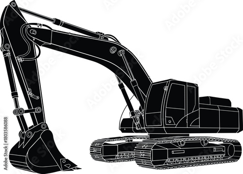 Heavy construction excavator silhouette, industrial digging machine with hydraulic arm, crawler tracks, and bucket design for construction and earthmoving work
