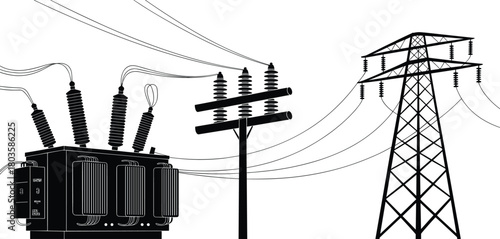 High voltage electric power transformer station with transmission tower and insulator system for energy distribution