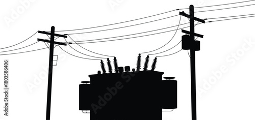 High voltage electrical power transformer with utility poles and transmission wires, energy distribution system silhouette for industrial electricity infrastructure design