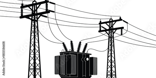 High voltage electrical transformer substation with power transmission towers and cables, energy distribution network silhouette illustration, electricity infrastructure concept design