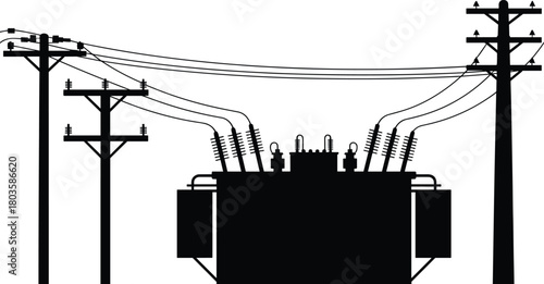 High voltage electrical transformer with power lines and utility poles, energy distribution equipment silhouette for industrial electricity infrastructure illustration