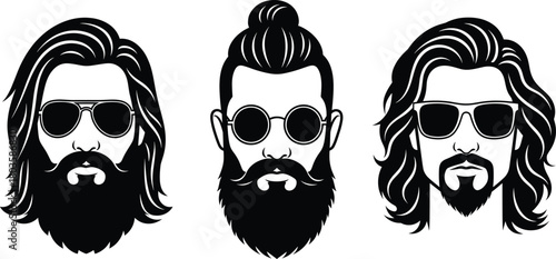 Stylish bearded men with sunglasses vector illustration, modern hipster hairstyles and facial hair designs, trendy male fashion silhouette artwork for barbershops and grooming brands
