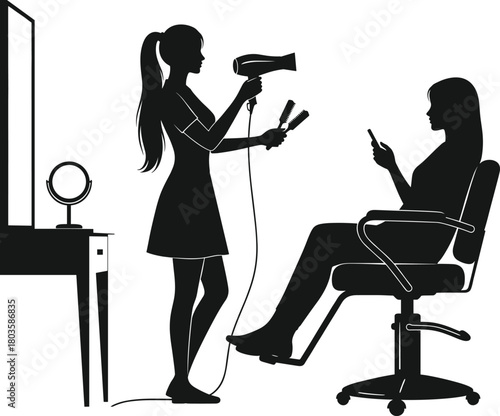 Stylish hair salon vector illustration featuring a stylist drying and straightening a client's hair, beauty studio interior, mirror, professional hairstyling tools and equipment