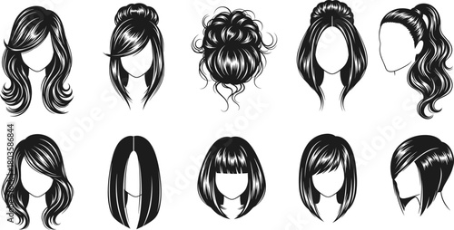 Stylish female hairstyle silhouette collection, fashionable hair vector set for beauty salon branding, modern haircut icons, trendy woman hair designs illustration