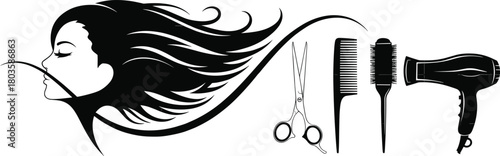 Stylish hair salon vector illustration featuring flowing hair, scissors, comb, hairbrush, and hairdryer, professional beauty tools, hair care, hairstyling and grooming logo design
