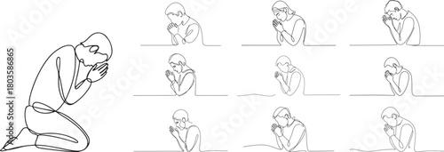 Line arts of Christian prayer, modern minimalist art set on white background.