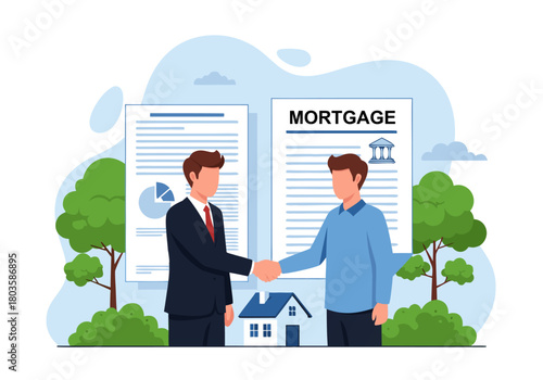 Real Estate Deal Closing Two Men Shaking Hands Over Mortgage Document and House Illustration signifying successful property purchase agreement
