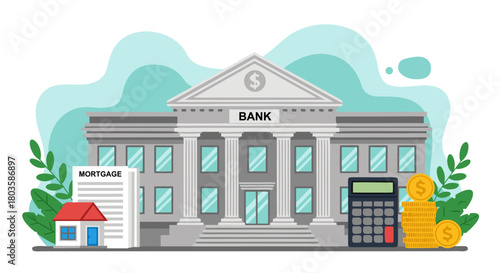 Bank building illustration with mortgage document, calculator, house, and money for financial concepts