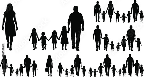 Family silhouettes walking together holding hands representing parenting, unity, childhood bonding, togetherness and strong supportive family relationship concept