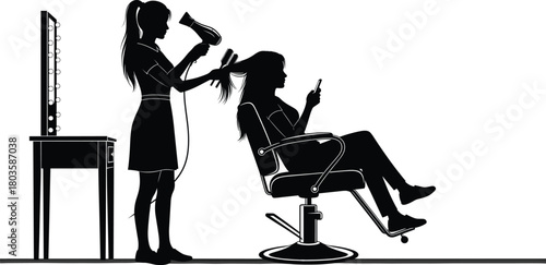Vector illustration of a stylist using a hairdryer on a client in a salon, featuring a vanity mirror, salon chair, and professional hair tools