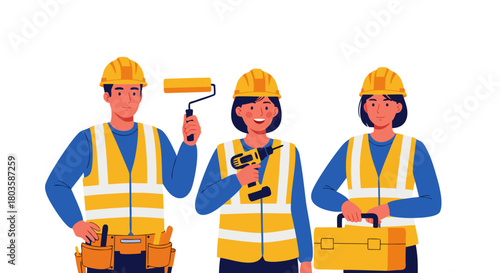 Construction Team Diverse Professionals at Work, Building & Repairing with Skill and Expertise in Vector Illustration
