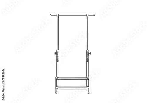 Line drawing of an adjustable height rolling garment rack with a shoe shelf
